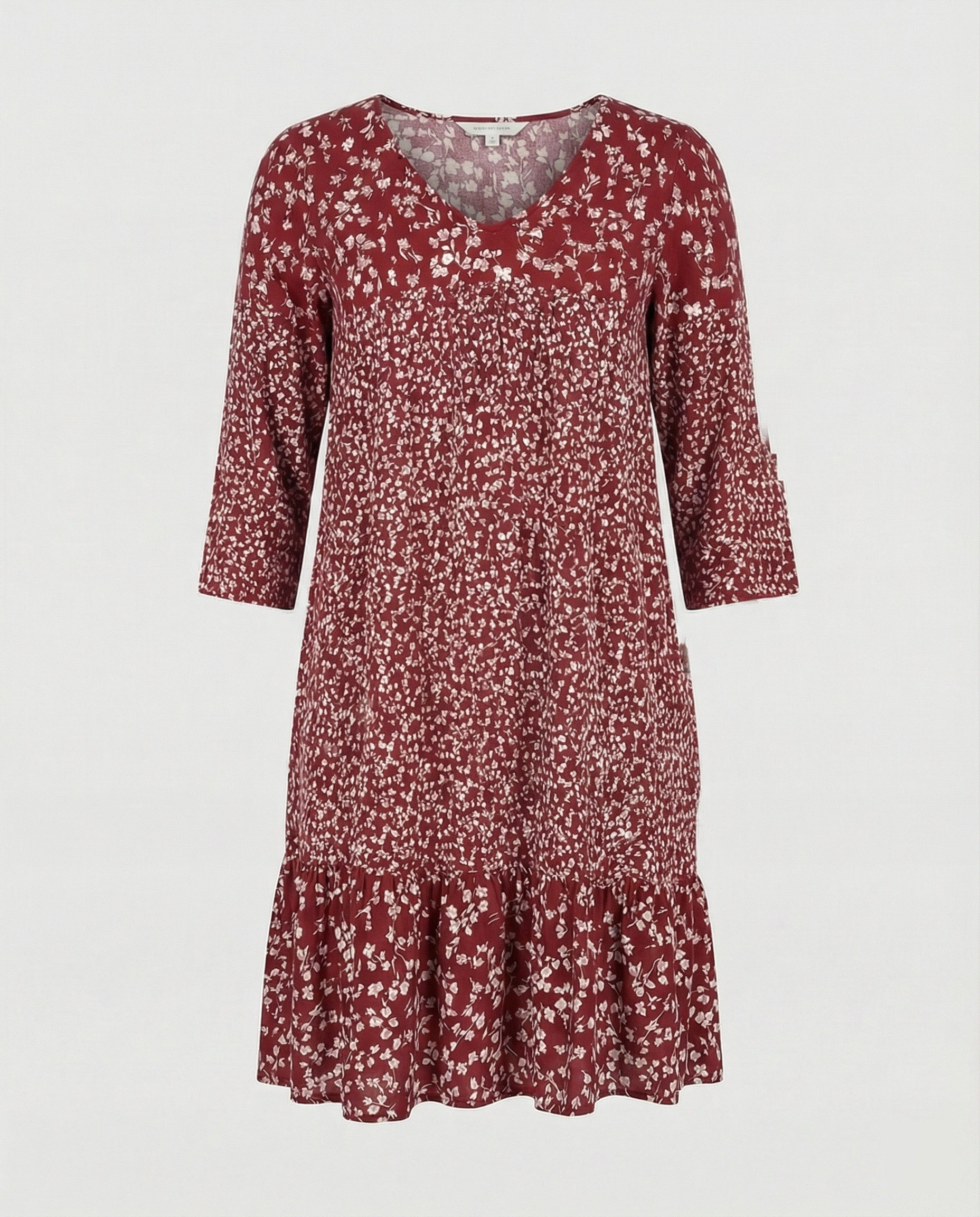 Relaxed Floral Mini Dress with V-Neckline and Ruffle Hem