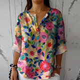 Relaxed Floral Print Blouse with V-Neckline and Three Quarter Sleeves