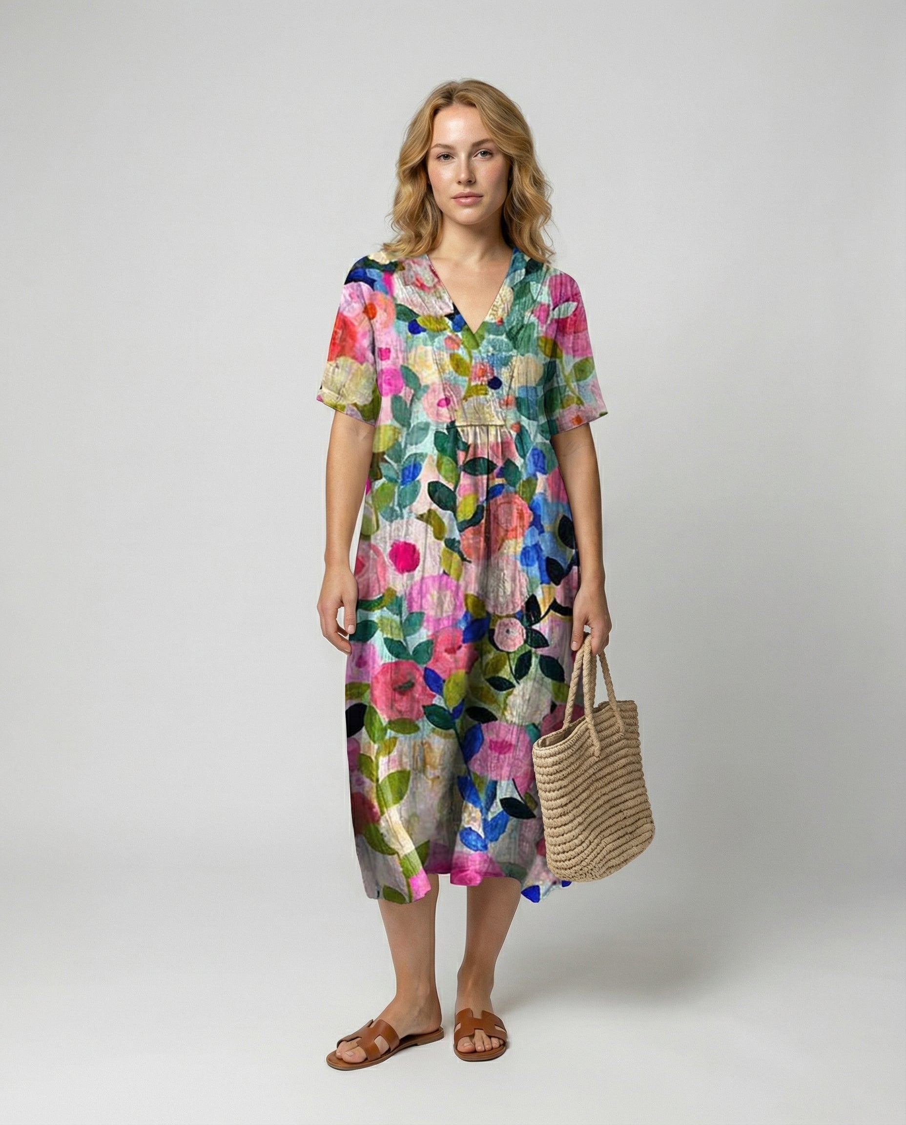 Relaxed Floral Print Linen Midi Dress with V-Neckline and Short Sleeves