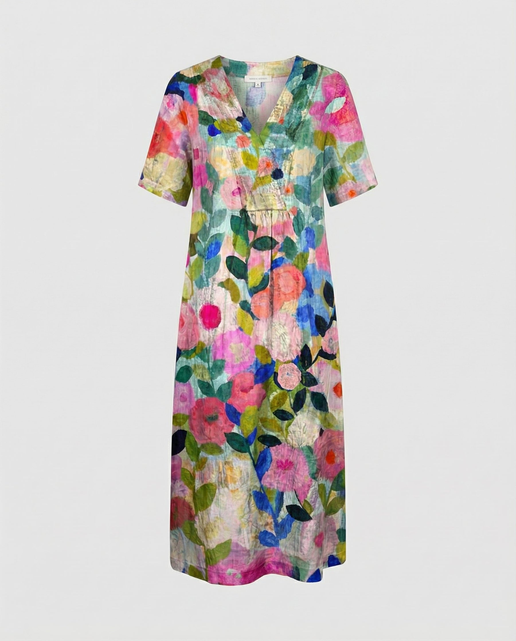 Relaxed Floral Print Linen Midi Dress with V-Neckline and Short Sleeves