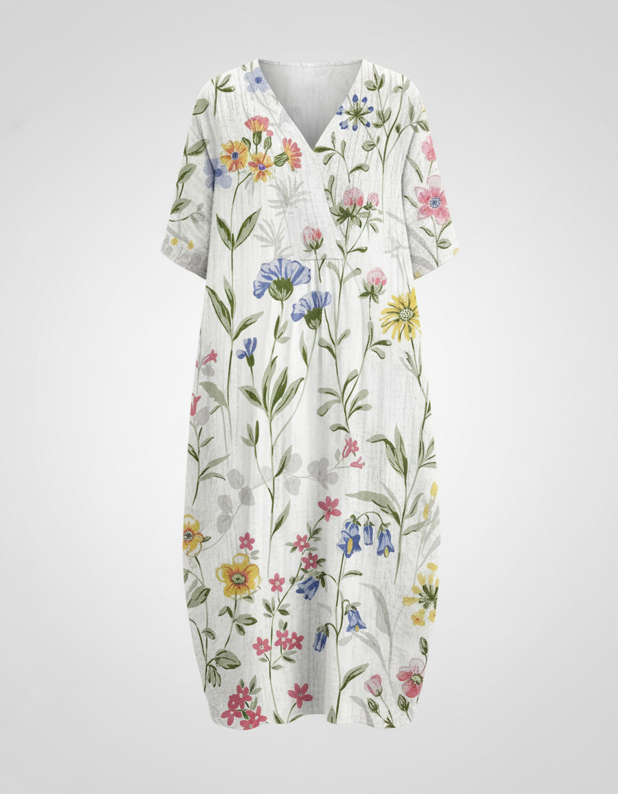 Relaxed Floral Print Linen Midi Dress with V-Neckline and Short Sleeves