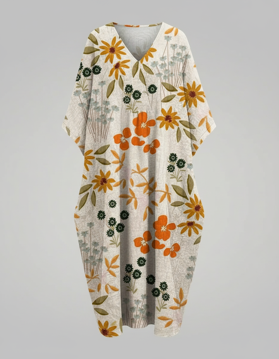 Relaxed Floral Print Linen Midi Dress with V-Neckline and Short Sleeves