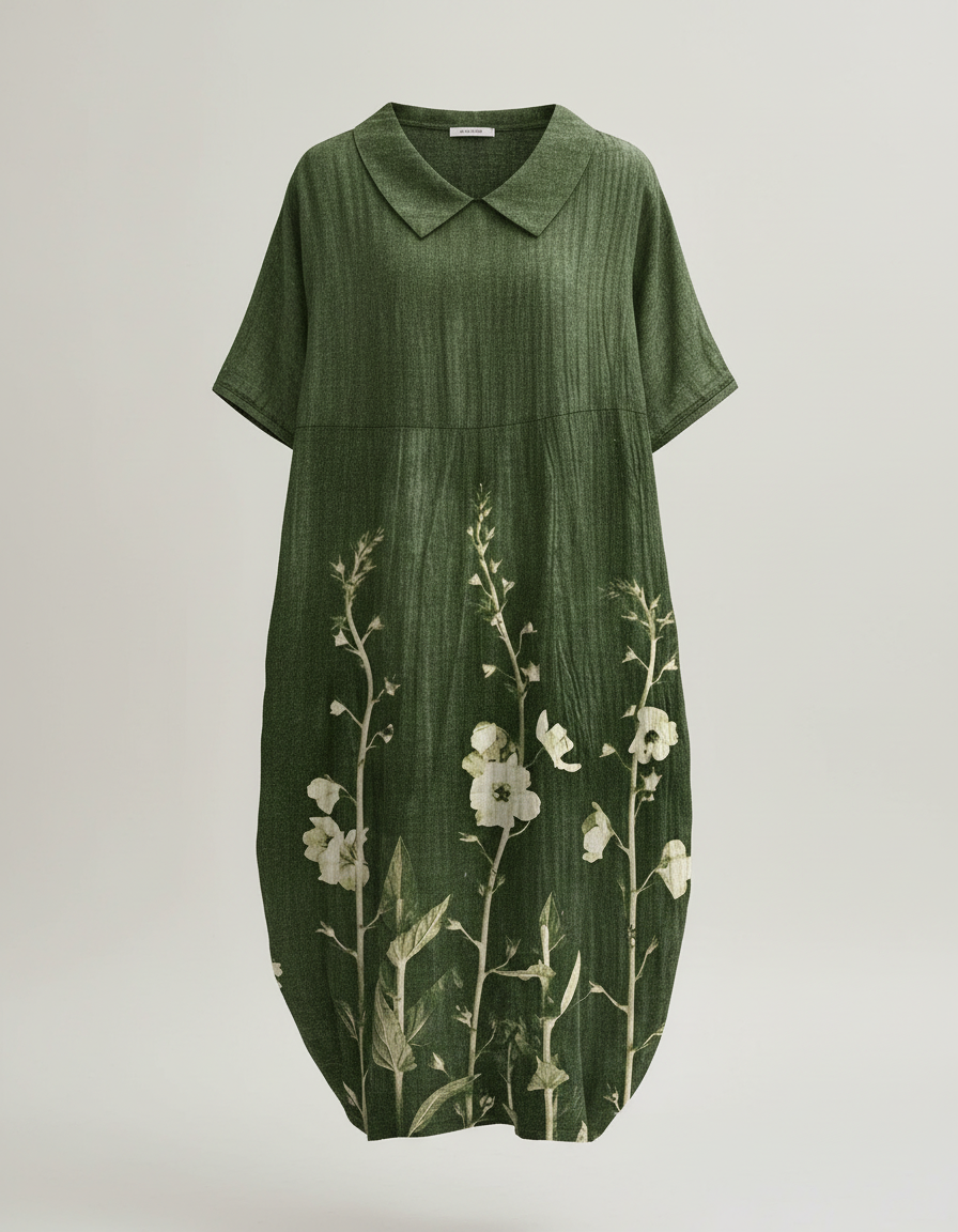 Relaxed Floral Print Linen Midi Dress with V-Neckline and Short Sleeves