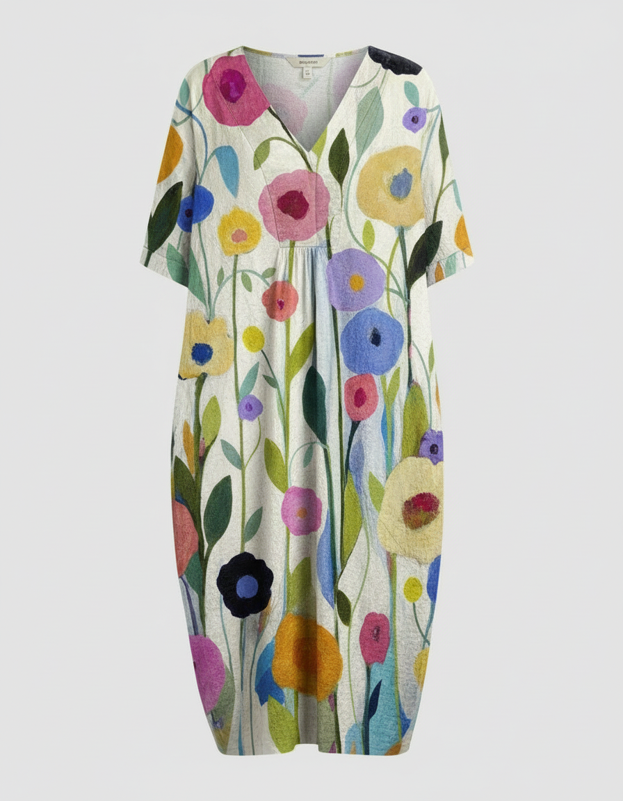 Relaxed Floral Print Linen Midi Dress with V-Neckline and Short Sleeves