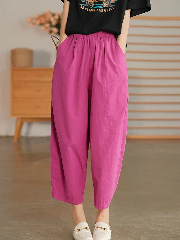 Relaxed High Waist Cropped Trousers with Elasticated Waistband