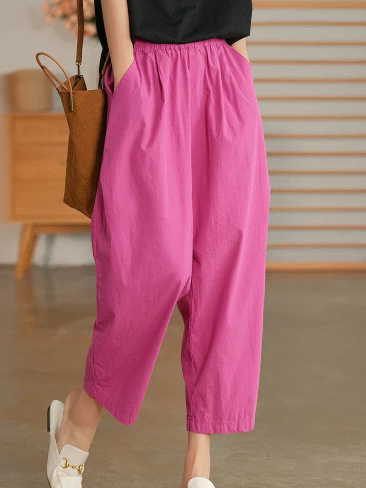 Relaxed High Waist Cropped Trousers with Elasticated Waistband