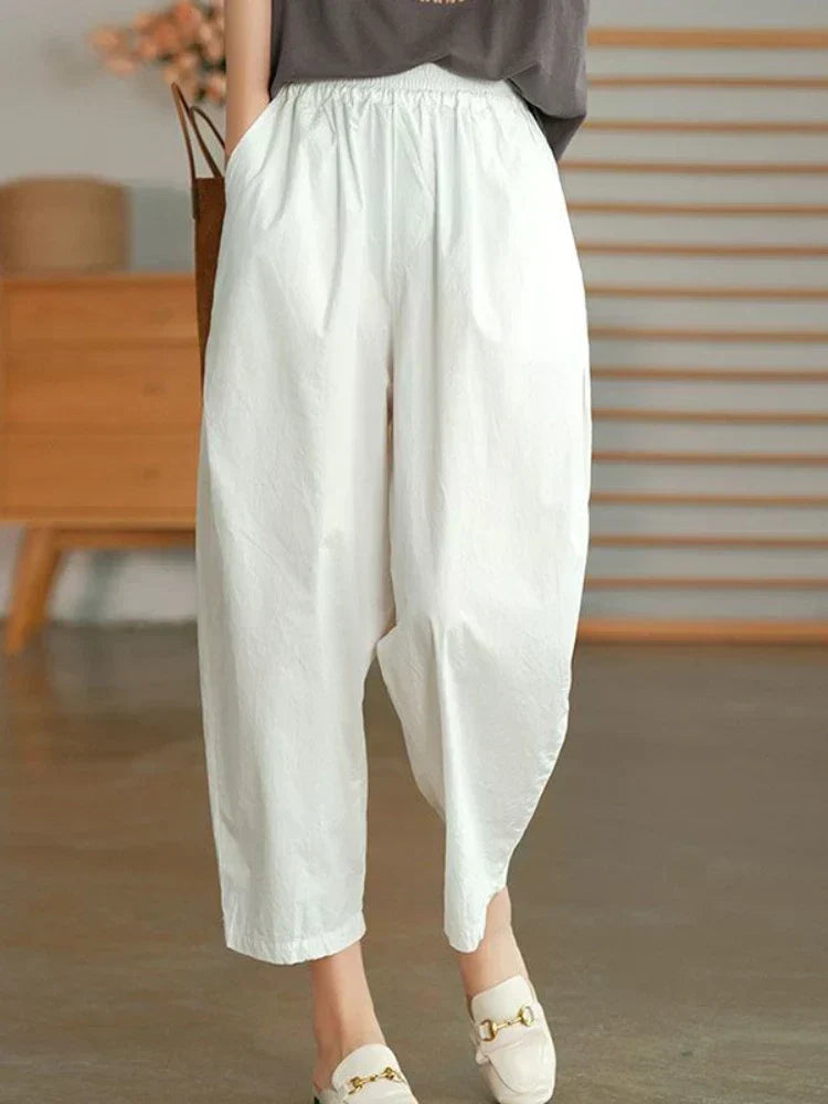 Relaxed High Waist Cropped Trousers with Elasticated Waistband