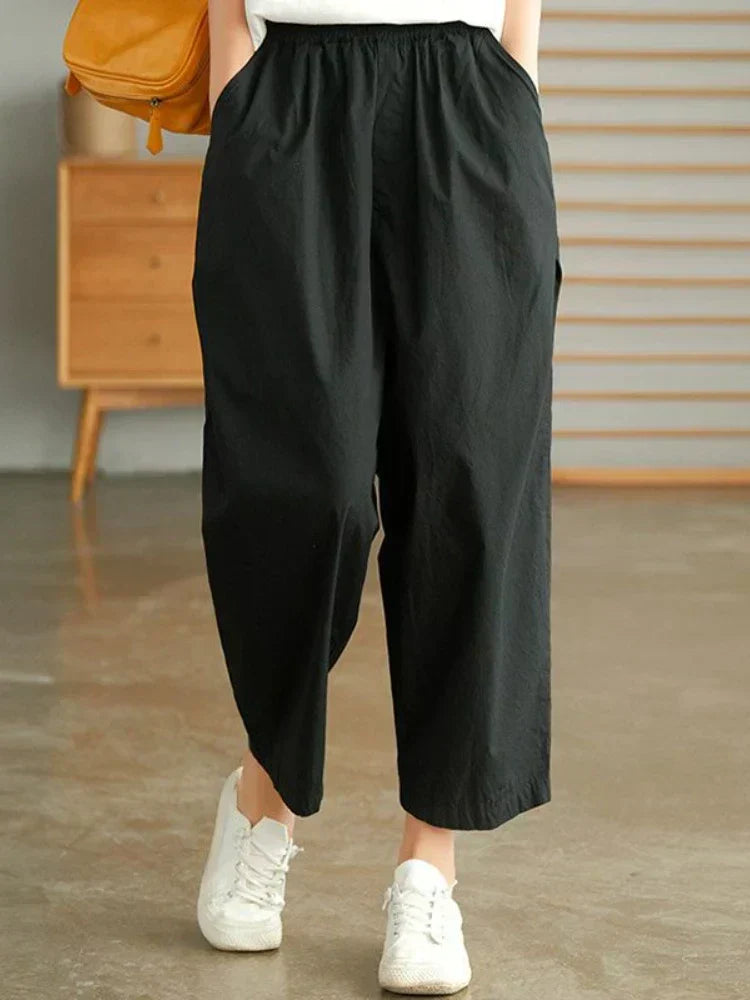 Relaxed High Waist Cropped Trousers with Elasticated Waistband