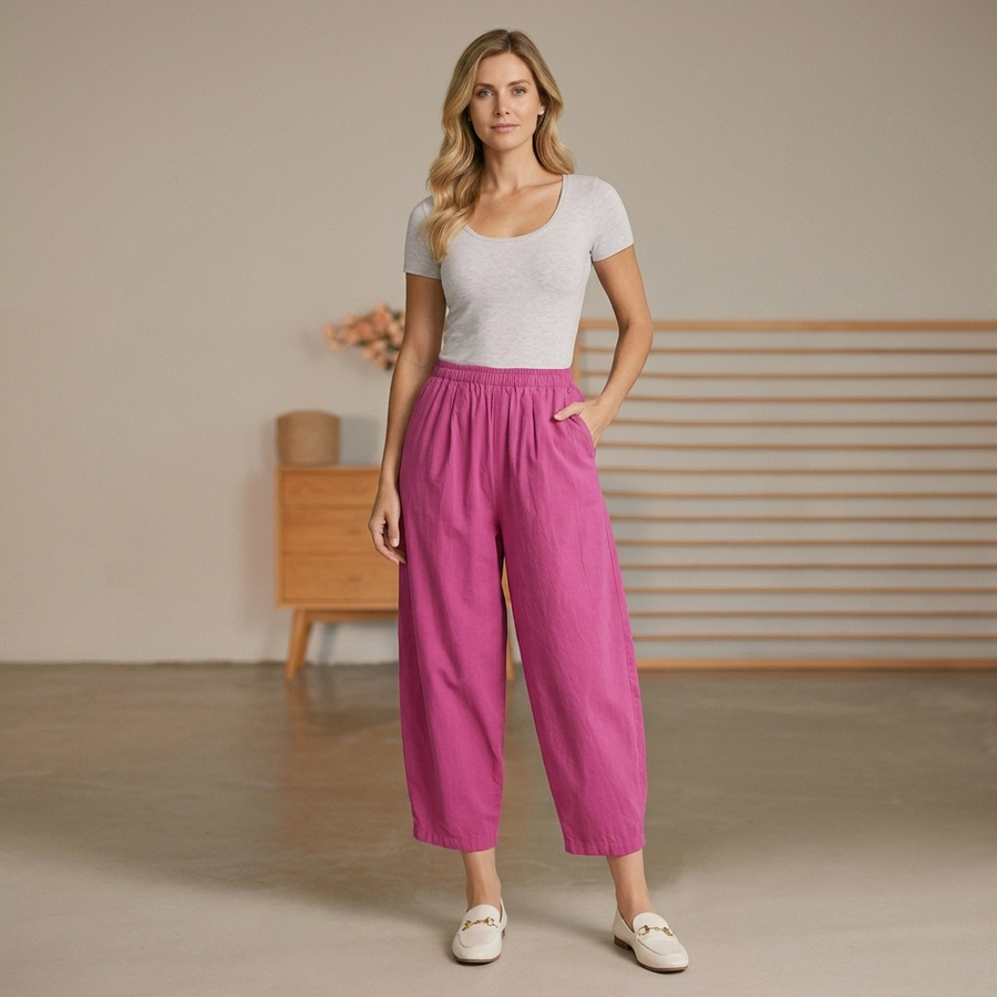 Relaxed High Waist Cropped Trousers with Elasticated Waistband