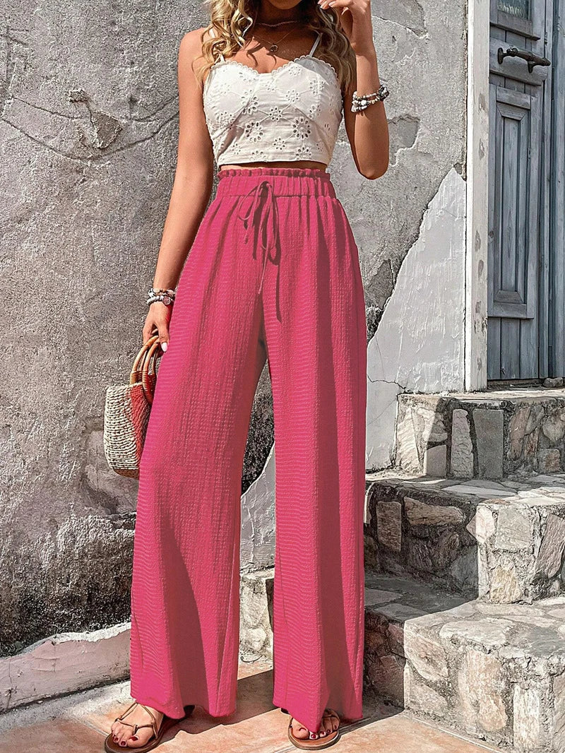 Relaxed High Waist Wide Leg Linen Trousers with Drawstring Waist