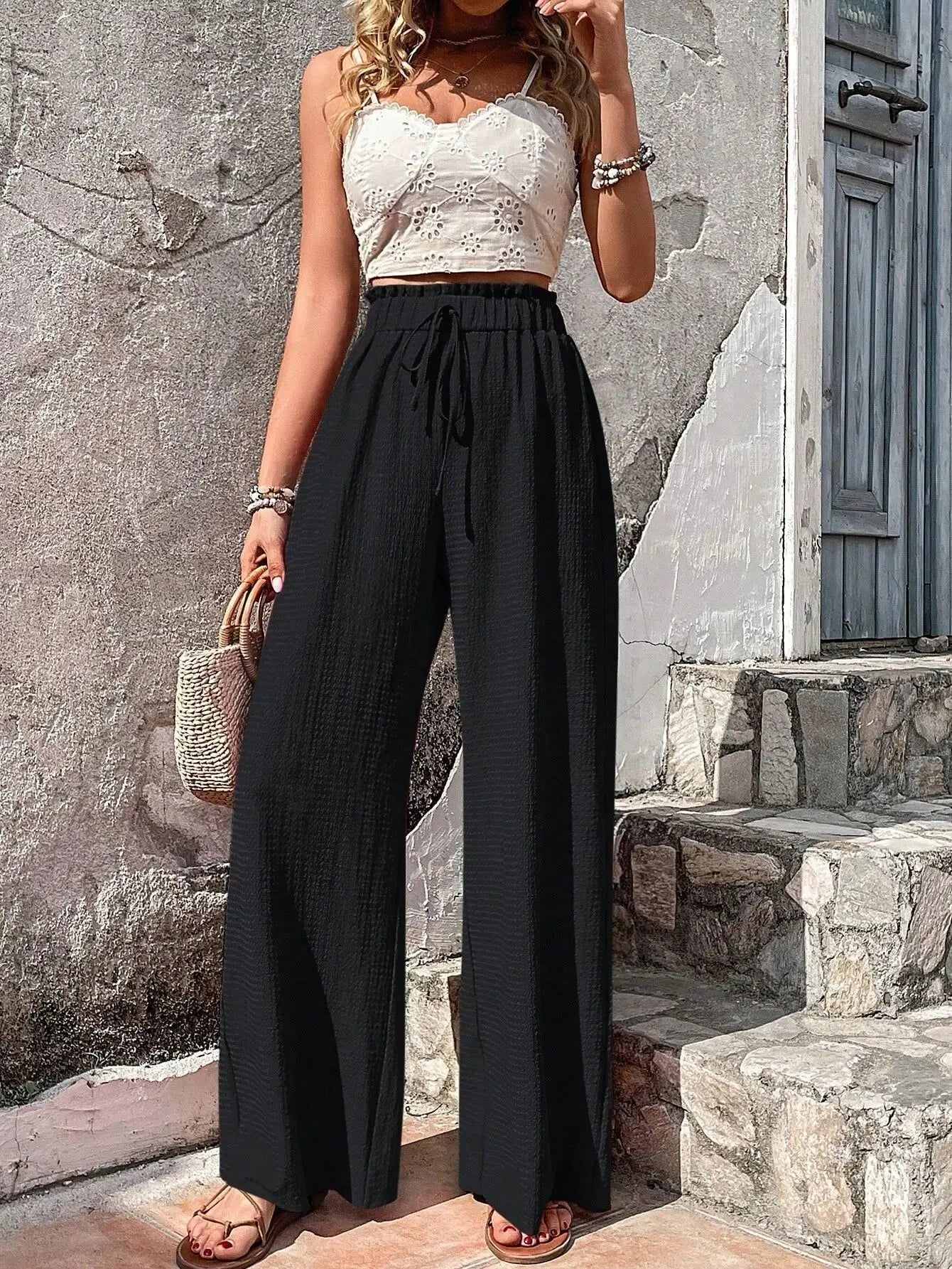 Relaxed High Waist Wide Leg Linen Trousers with Drawstring Waist