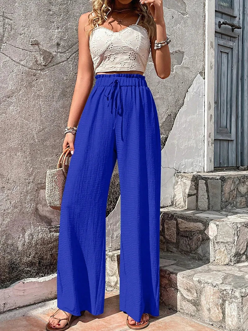 Relaxed High Waist Wide Leg Linen Trousers with Drawstring Waist