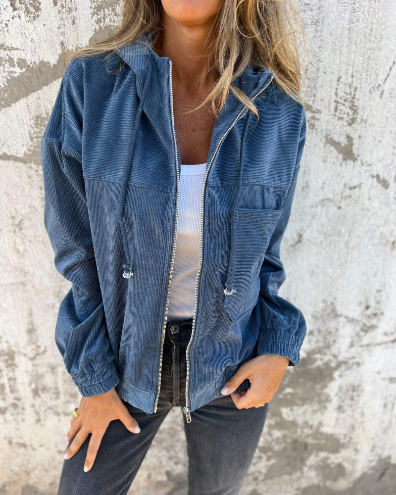Relaxed Hooded Corduroy Jacket with Chest Pocket