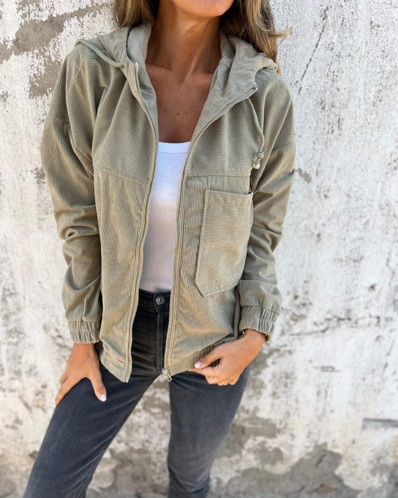 Relaxed Hooded Corduroy Jacket with Chest Pocket