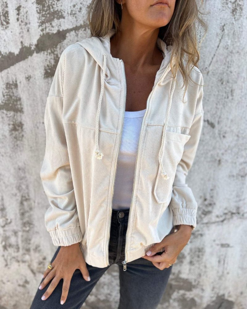 Relaxed Hooded Corduroy Jacket with Chest Pocket