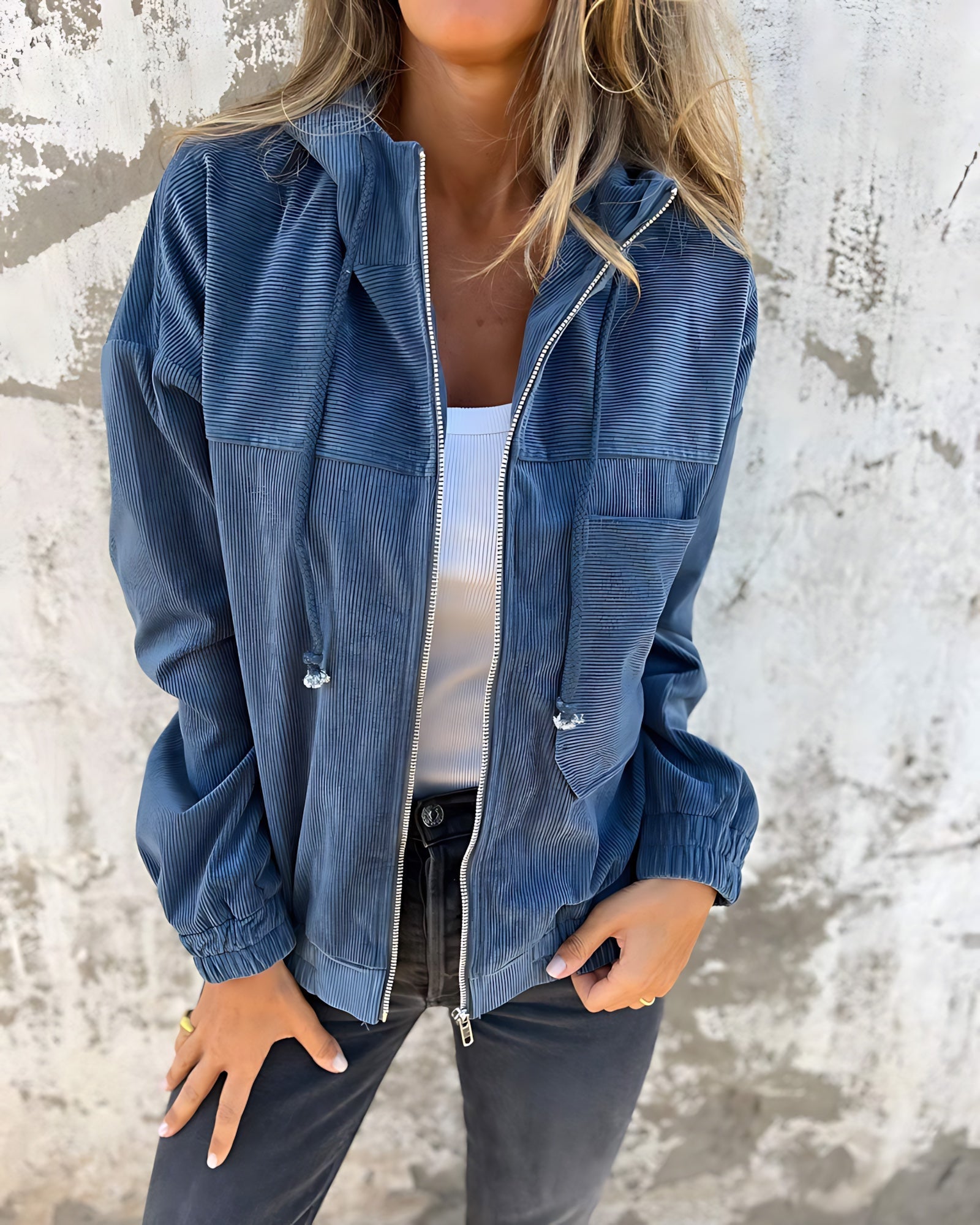 Relaxed Hooded Lightweight Jacket with Chest Pocket and Ribbed Texture