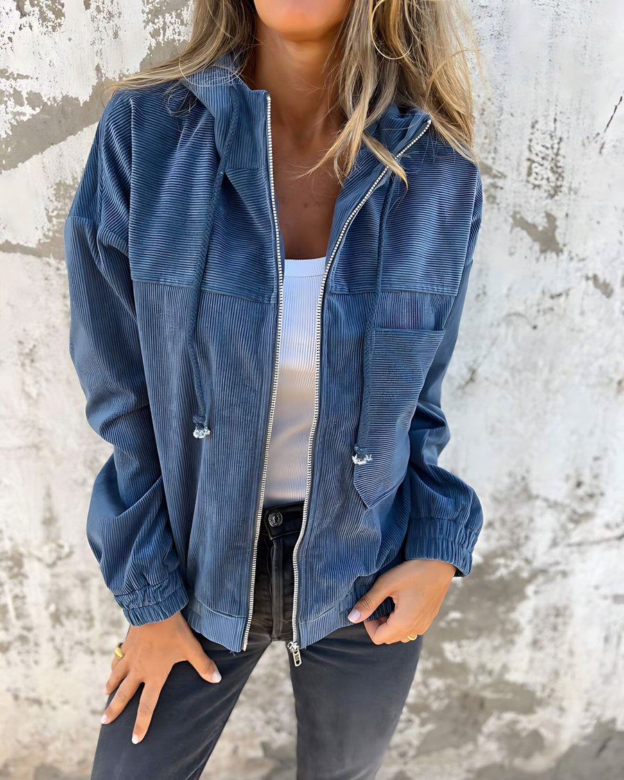 Relaxed Hooded Lightweight Jacket with Chest Pocket and Ribbed Texture