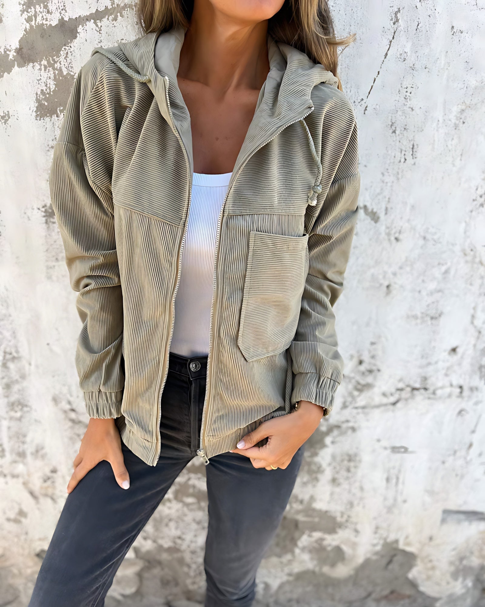 Relaxed Hooded Lightweight Jacket with Chest Pocket and Ribbed Texture