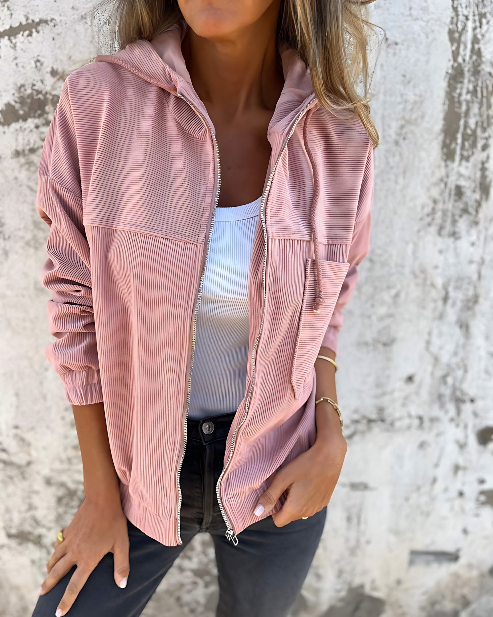 Relaxed Hooded Lightweight Jacket with Chest Pocket and Ribbed Texture