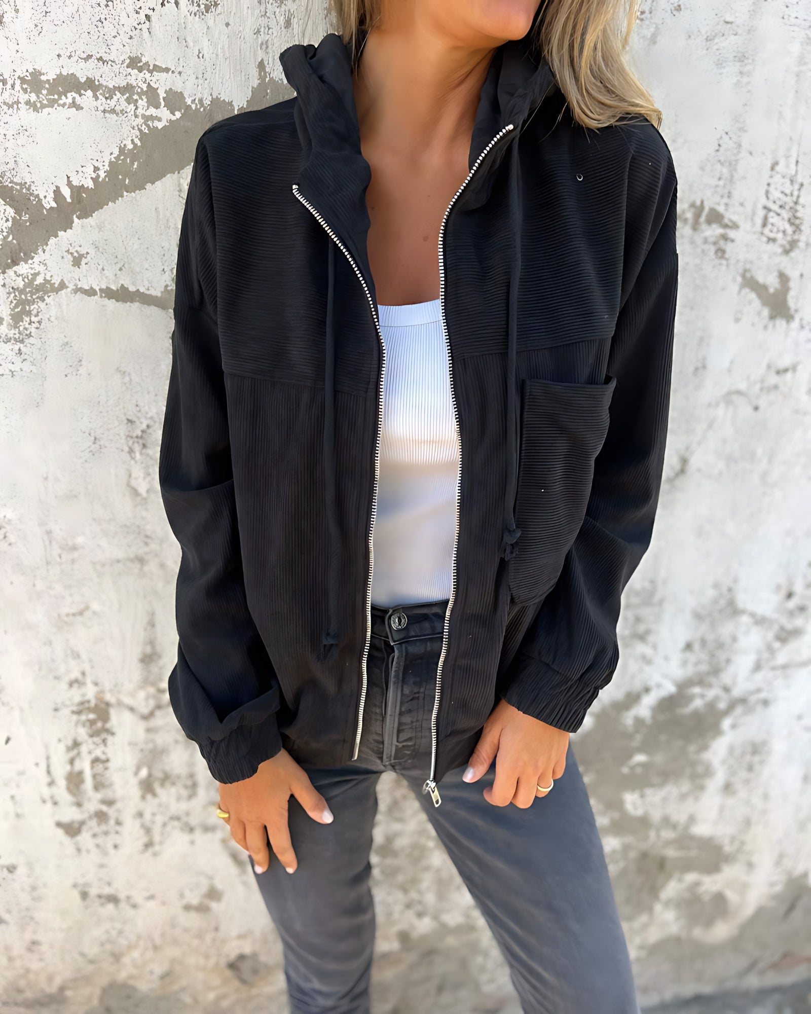 Relaxed Hooded Lightweight Jacket with Chest Pocket and Ribbed Texture