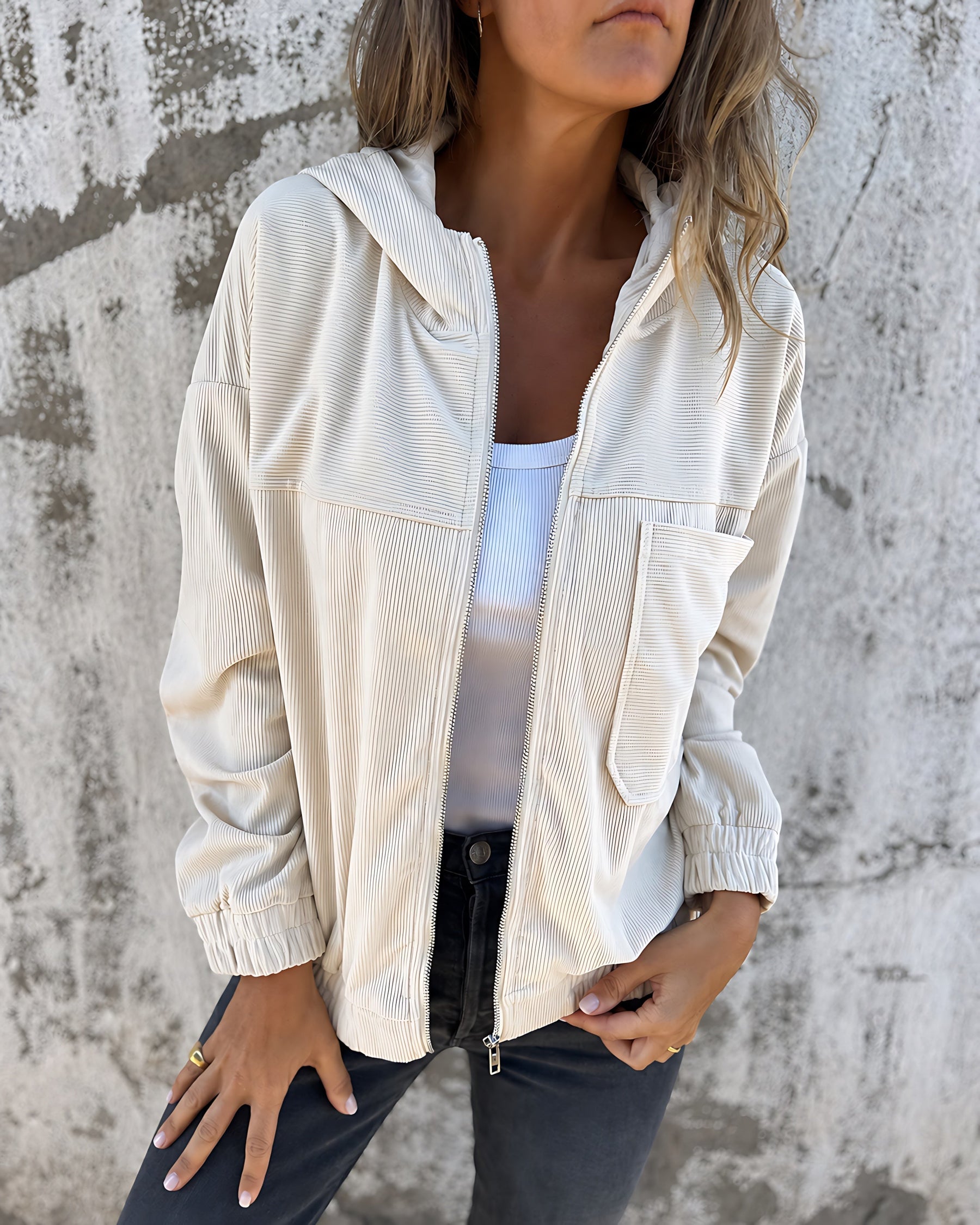 Relaxed Hooded Lightweight Jacket with Chest Pocket and Ribbed Texture