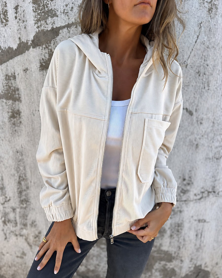 Relaxed Hooded Lightweight Jacket with Chest Pocket and Ribbed Texture