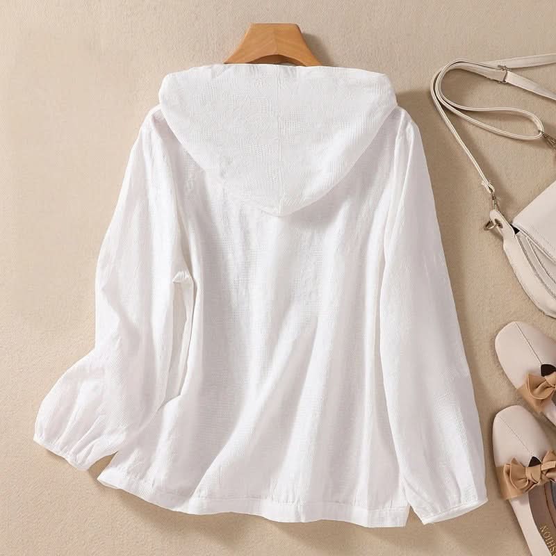 Relaxed Hooded Linen Shirt with Puff Sleeves and Button Front