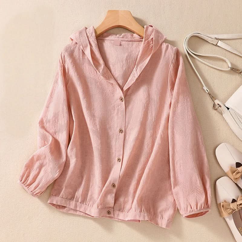 Relaxed Hooded Linen Shirt with Puff Sleeves and Button Front