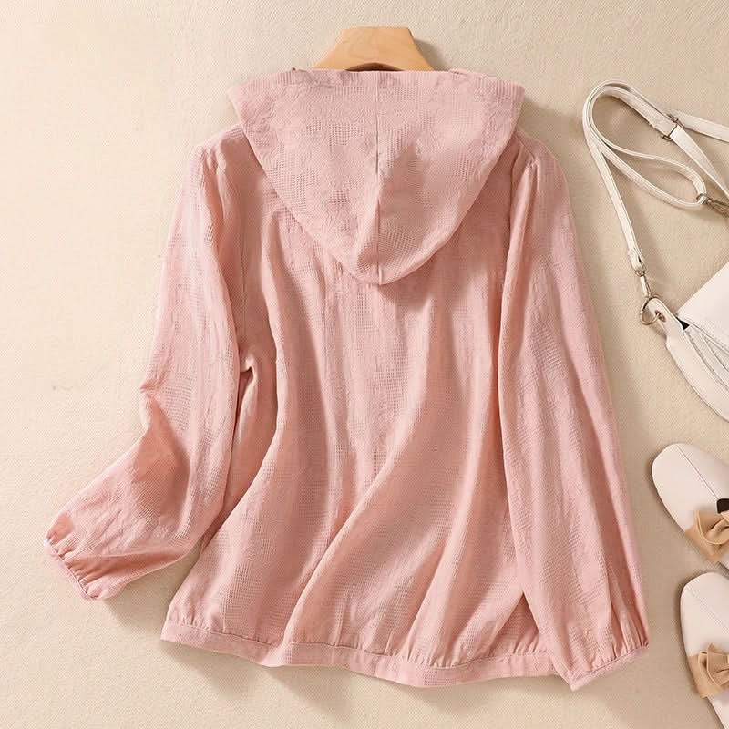 Relaxed Hooded Linen Shirt with Puff Sleeves and Button Front