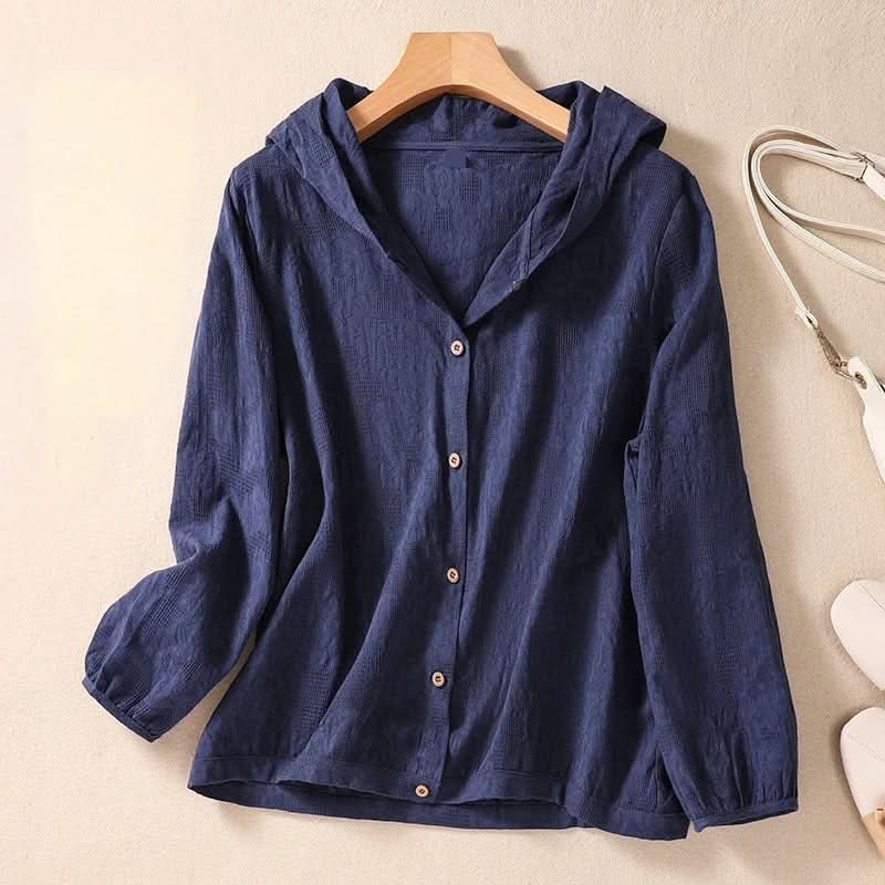 Relaxed Hooded Linen Shirt with Puff Sleeves and Button Front