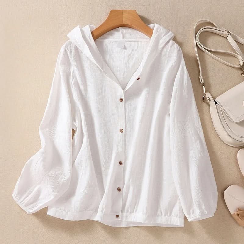 Relaxed Hooded Linen Shirt with Puff Sleeves and Button Front