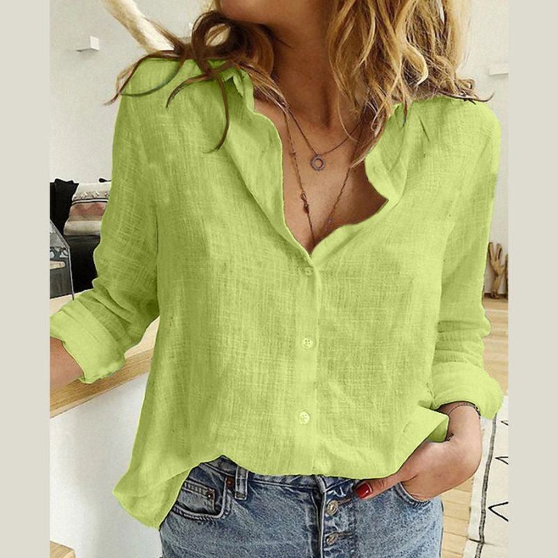 Relaxed Linen Blouse with Collared Neck and Long Sleeves