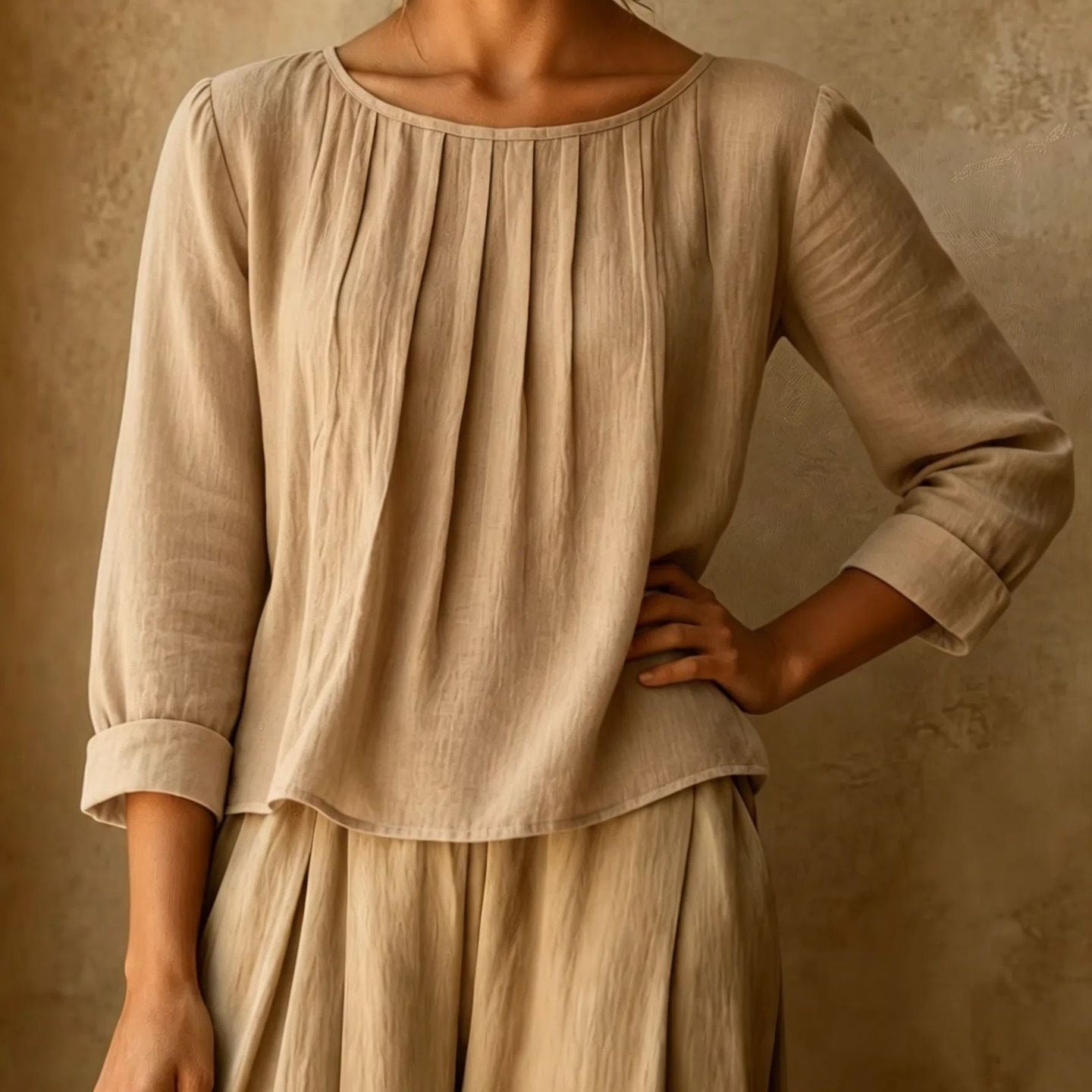 Relaxed Linen Blouse with Pleated Front and Three Quarter Sleeves
