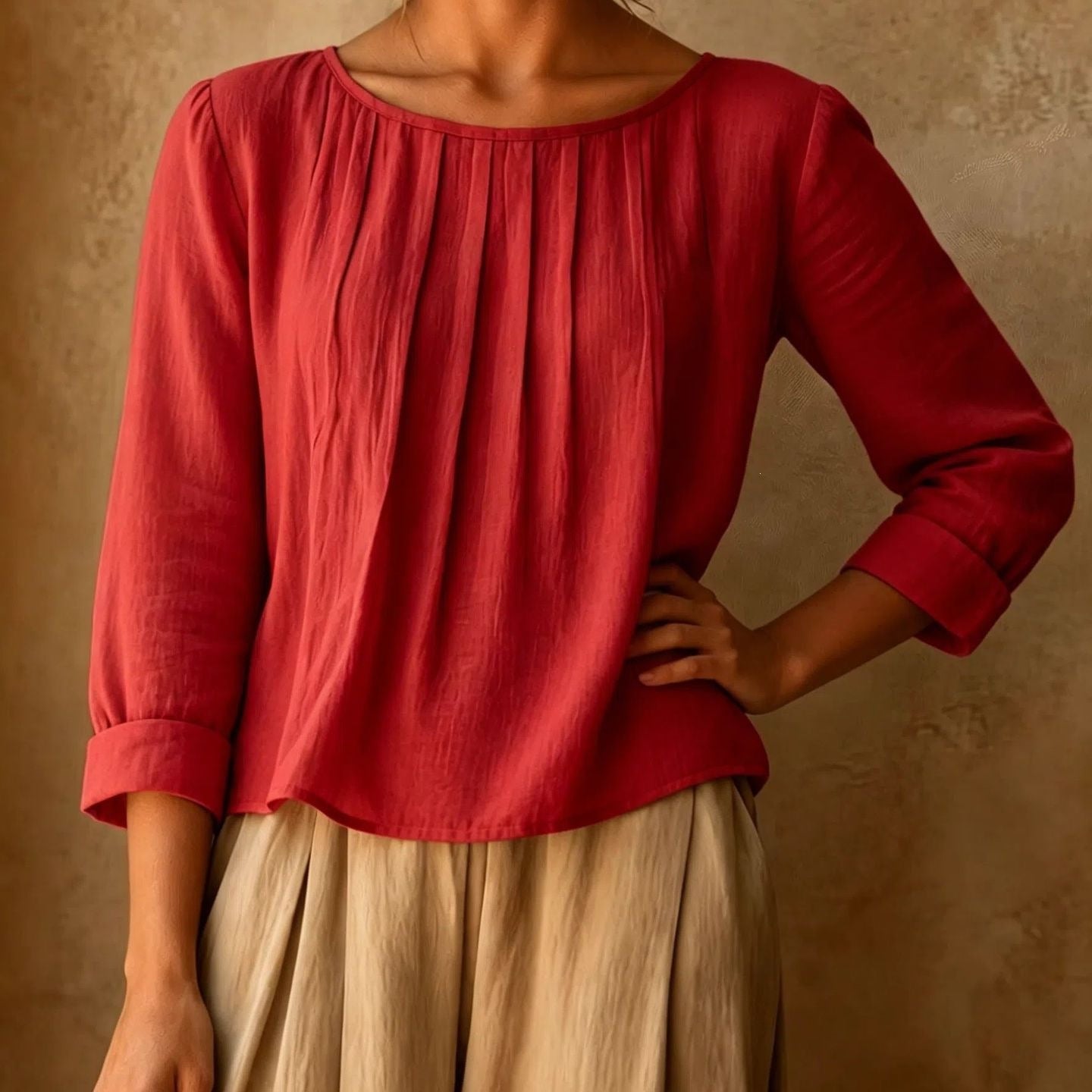 Relaxed Linen Blouse with Pleated Front and Three Quarter Sleeves