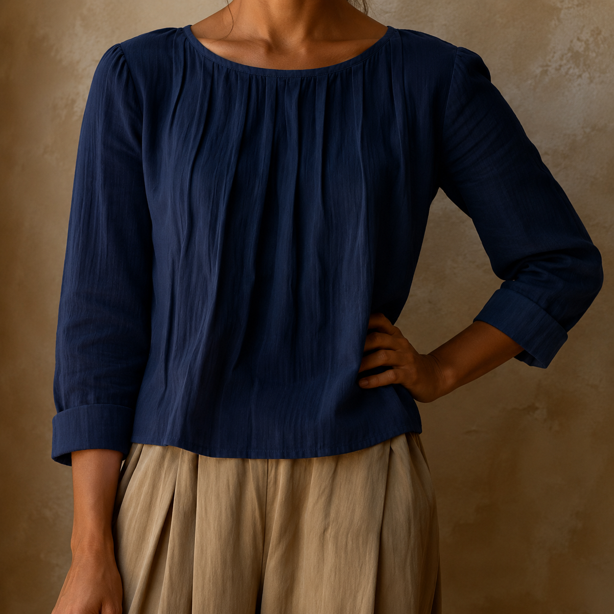 Relaxed Linen Blouse with Pleated Front and Three Quarter Sleeves