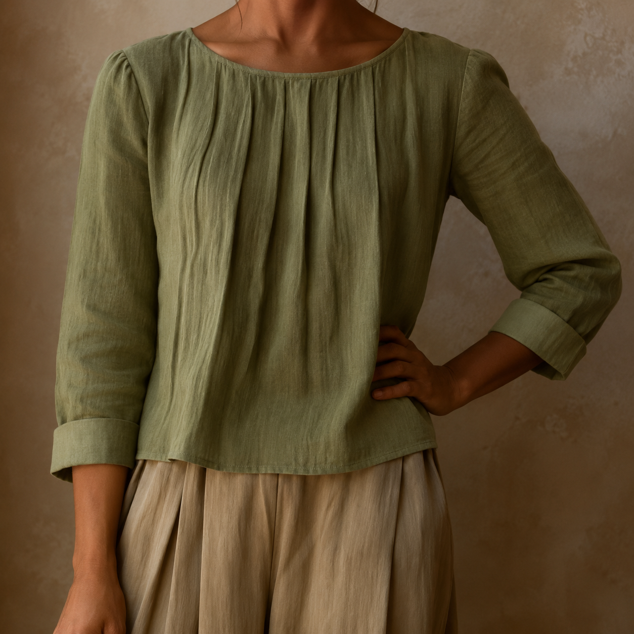 Relaxed Linen Blouse with Pleated Front and Three Quarter Sleeves