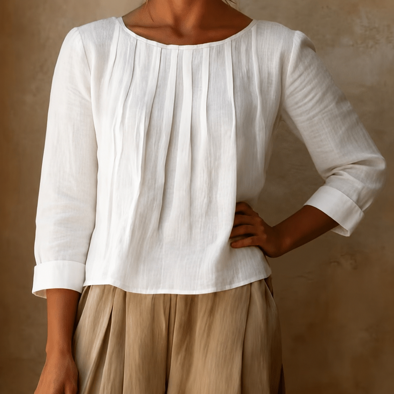 Relaxed Linen Blouse with Pleated Front and Three Quarter Sleeves