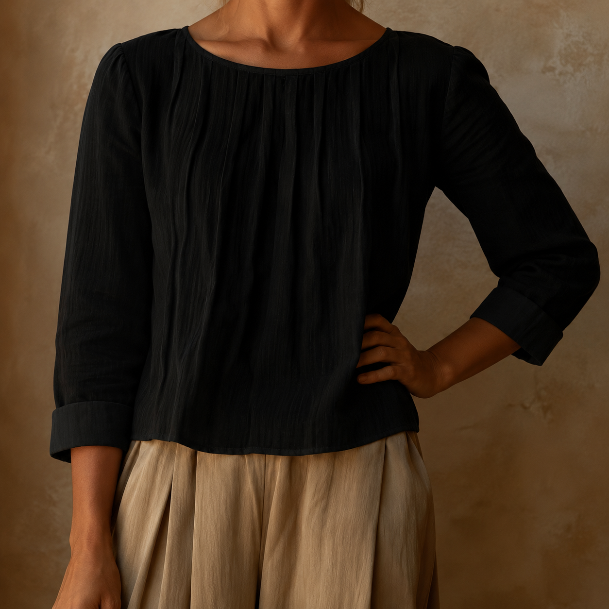 Relaxed Linen Blouse with Pleated Front and Three Quarter Sleeves