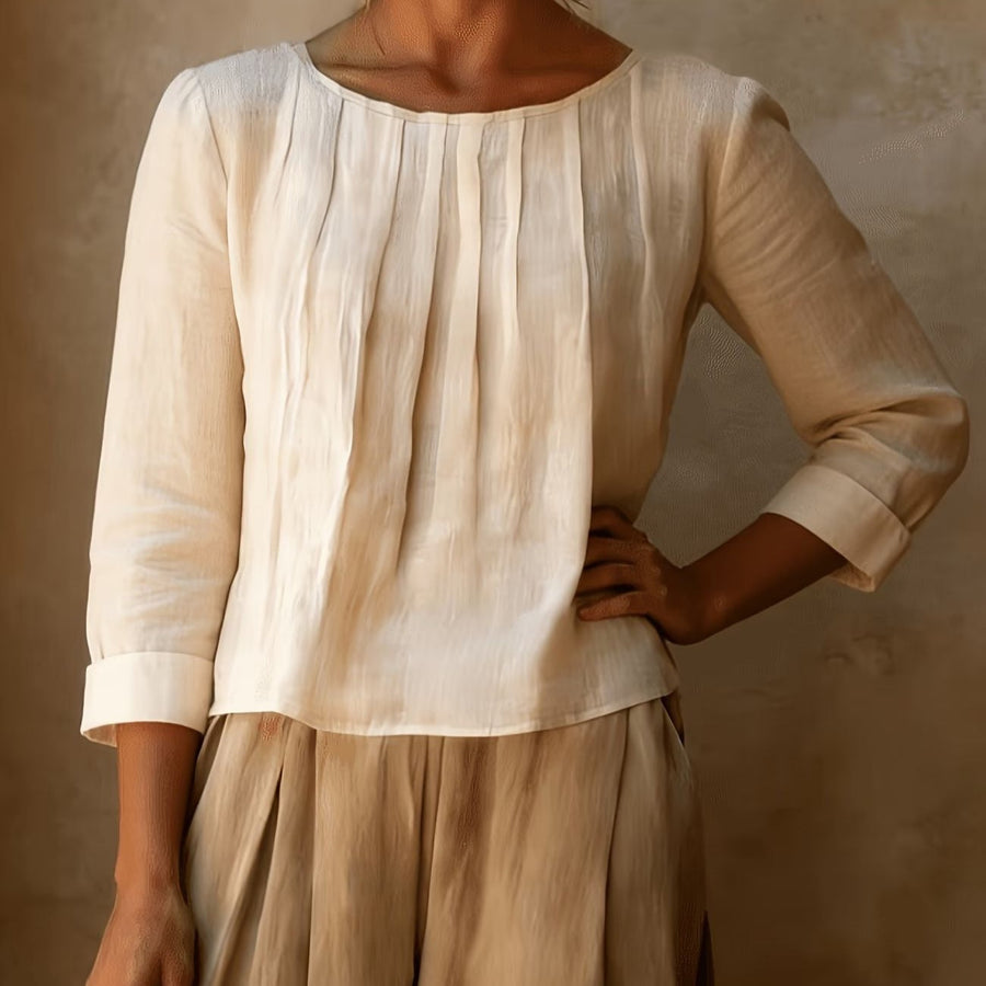 Relaxed Linen Blouse with Pleated Front and Three Quarter Sleeves