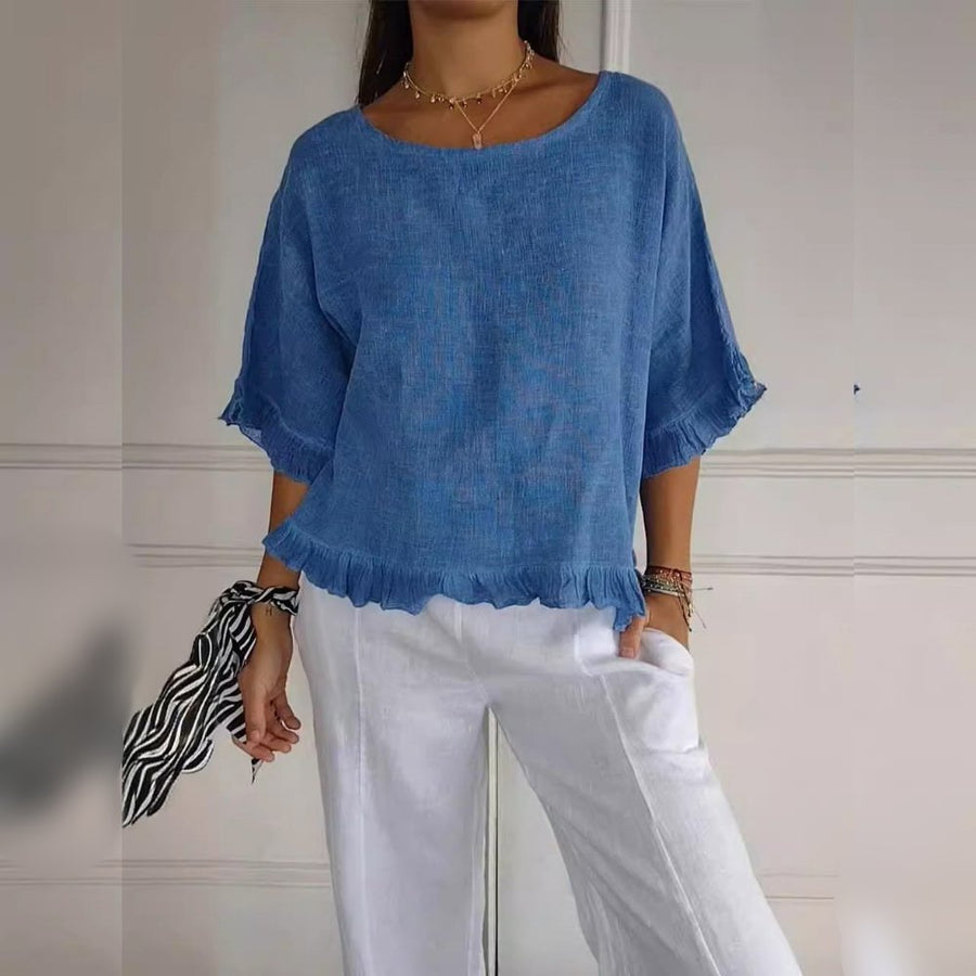 Relaxed Linen Blouse with Ruffle Hem and Half Sleeves