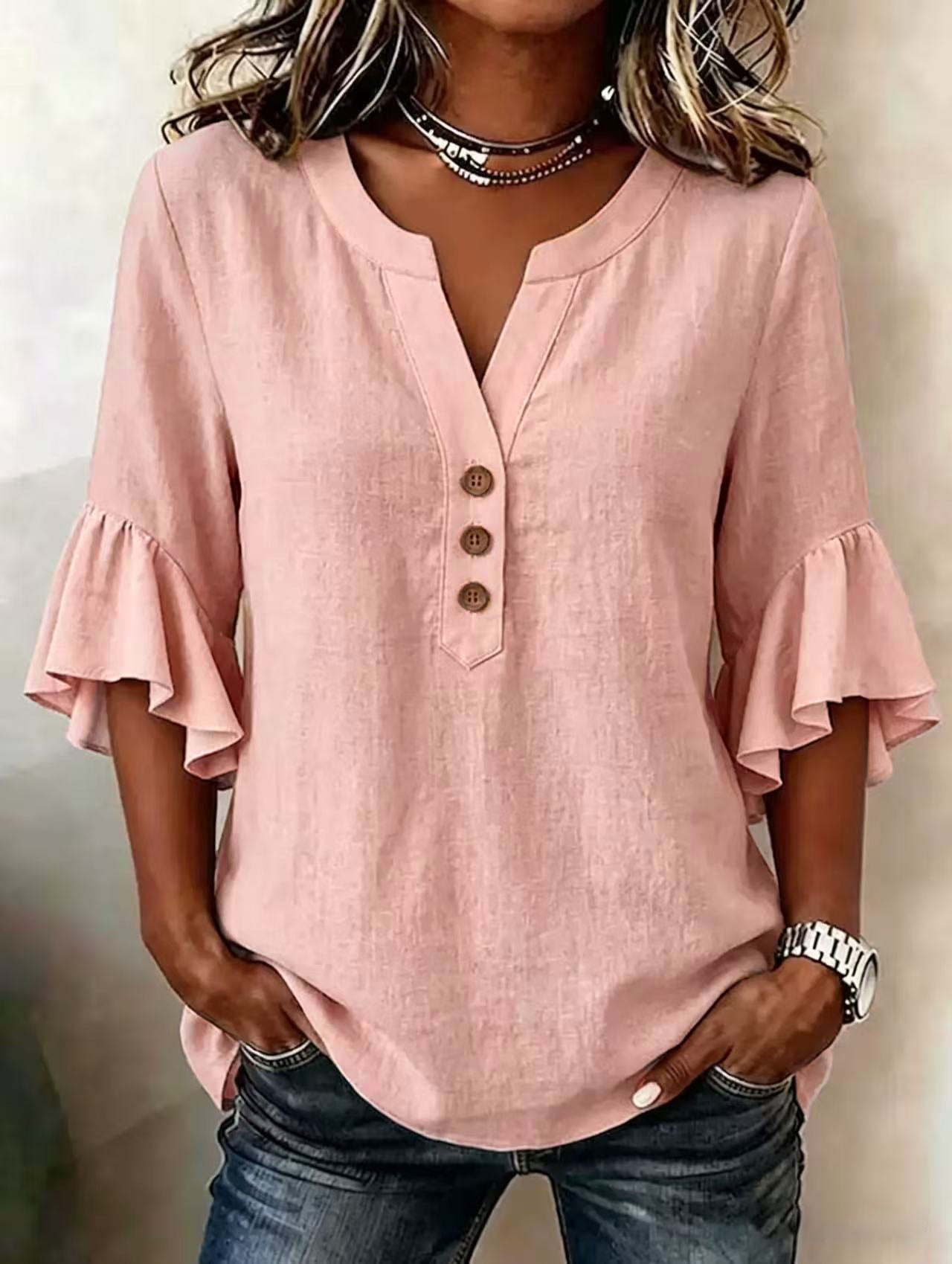 Relaxed Linen Blouse with Ruffle Sleeves and Button Neckline