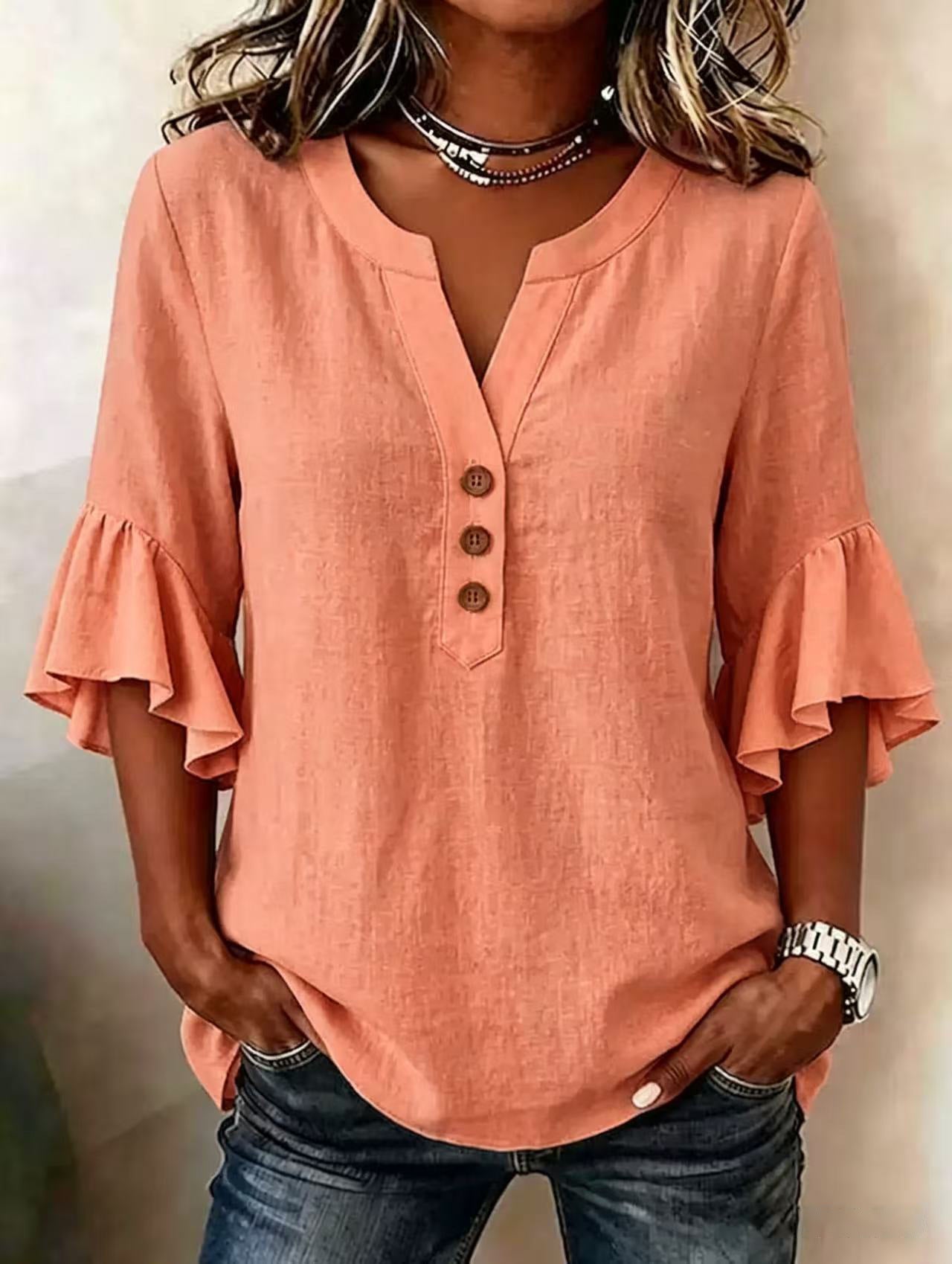 Relaxed Linen Blouse with Ruffle Sleeves and Button Neckline
