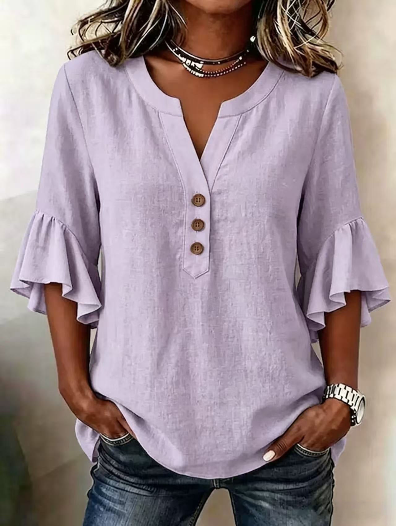 Relaxed Linen Blouse with Ruffle Sleeves and Button Neckline