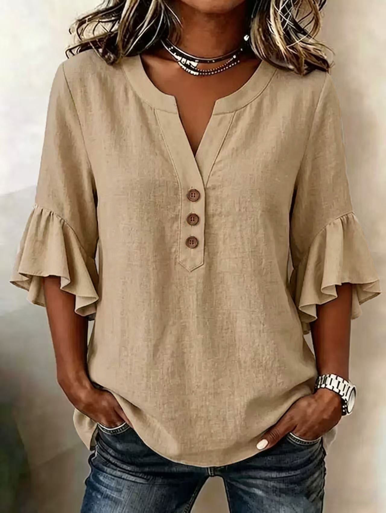 Relaxed Linen Blouse with Ruffle Sleeves and Button Neckline