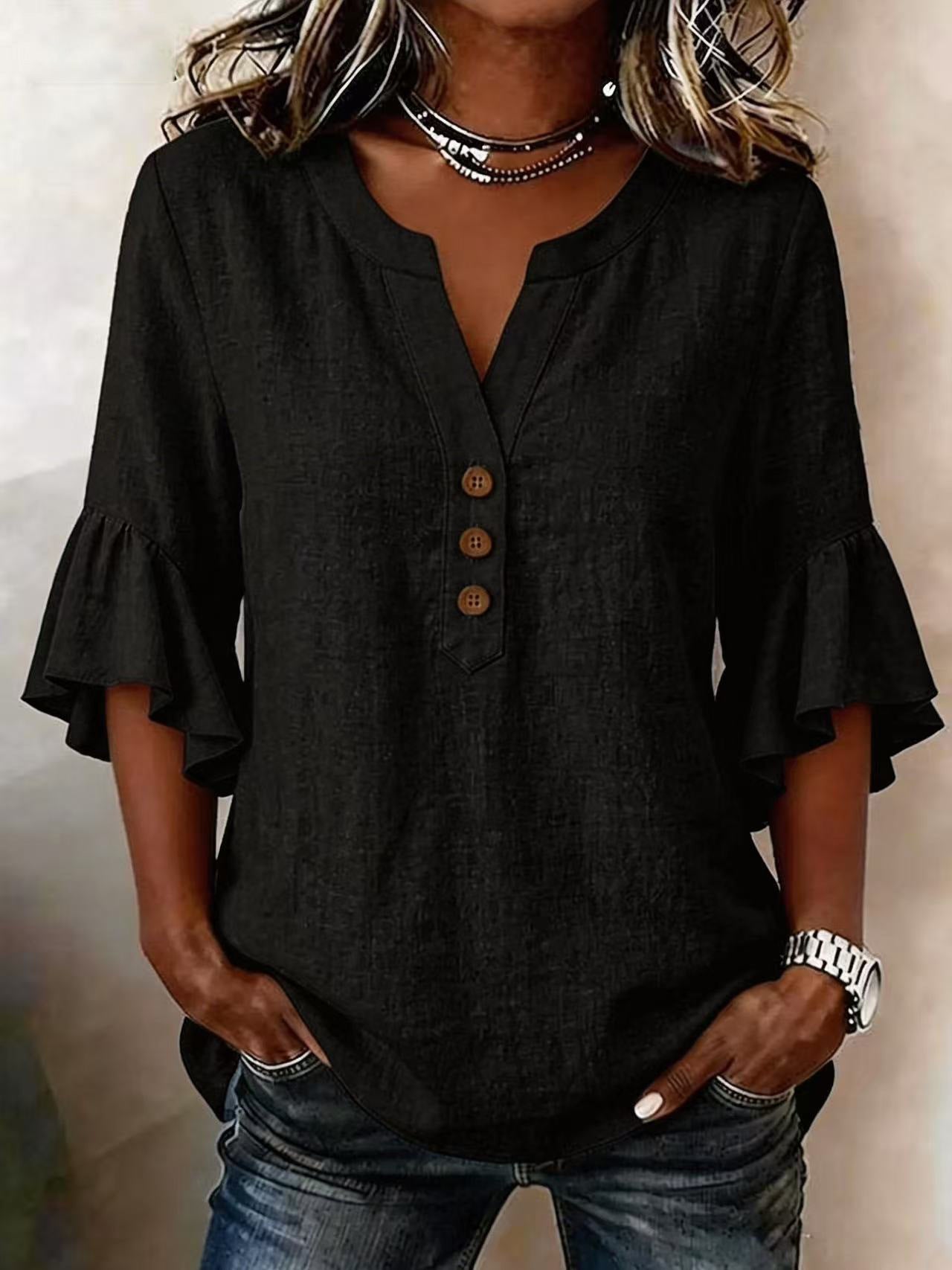 Relaxed Linen Blouse with Ruffle Sleeves and Button Neckline