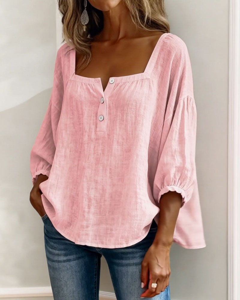 Relaxed Linen Blouse with Square Neckline and Puff Sleeves