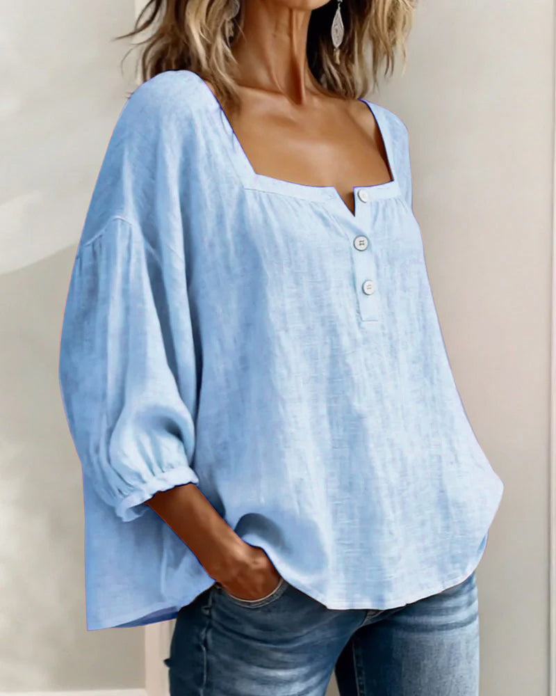 Relaxed Linen Blouse with Square Neckline and Puff Sleeves