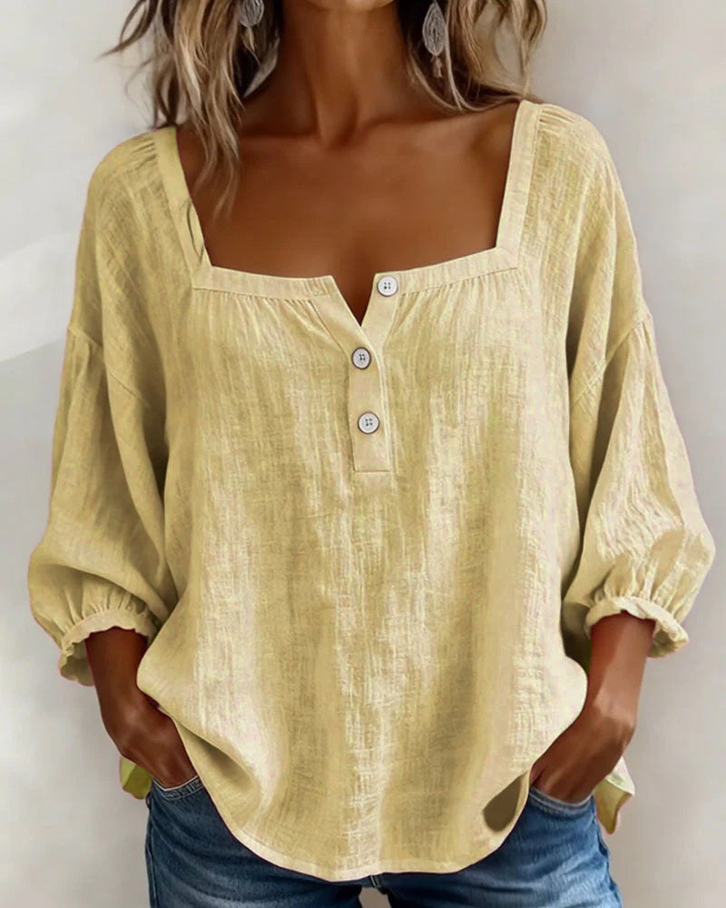 Relaxed Linen Blouse with Square Neckline and Puff Sleeves