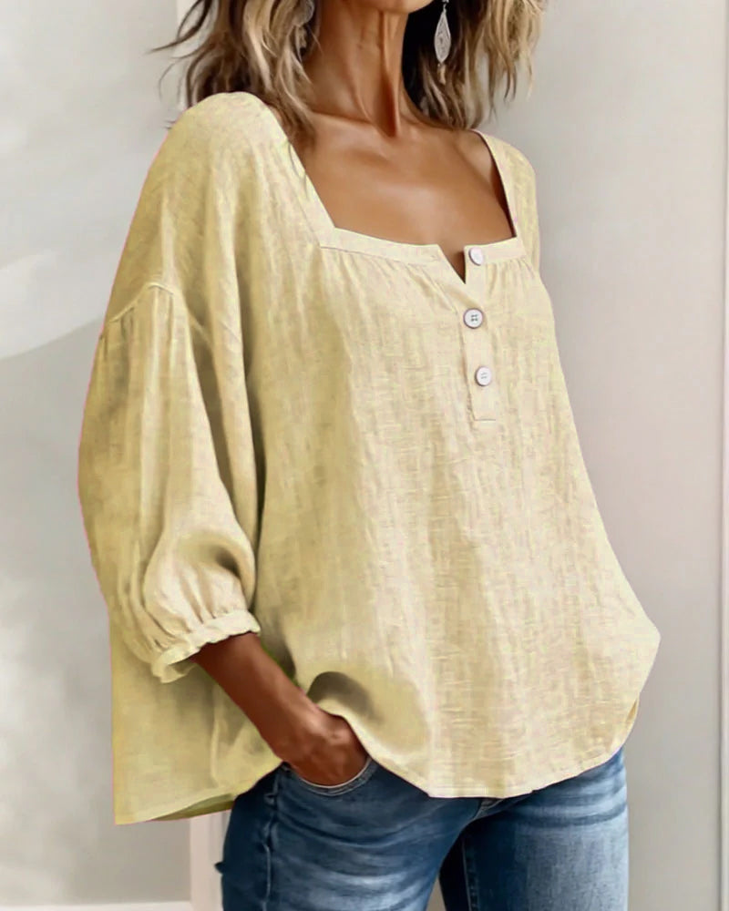 Relaxed Linen Blouse with Square Neckline and Puff Sleeves