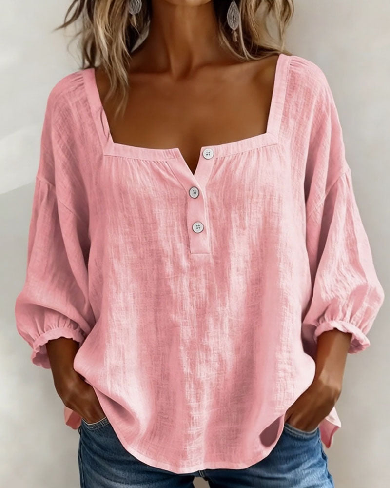 Relaxed Linen Blouse with Square Neckline and Puff Sleeves